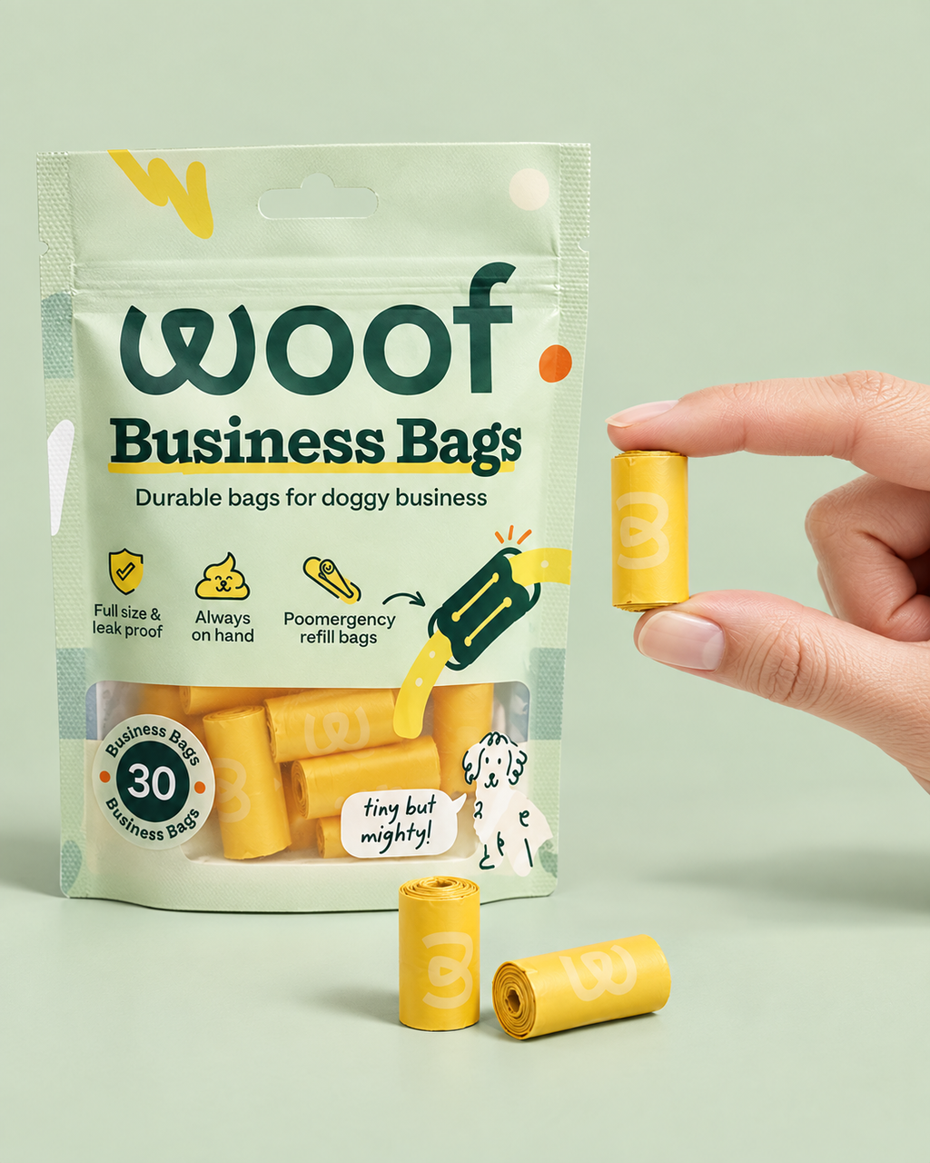 WOOF Business Bags refill pouch with compact yellow refill shown between fingers