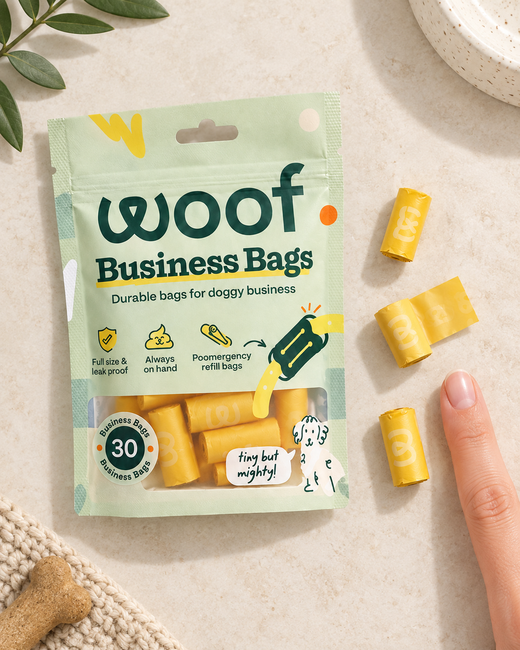 WOOF Business Bags pouch and yellow refill bags arranged on a cream surface