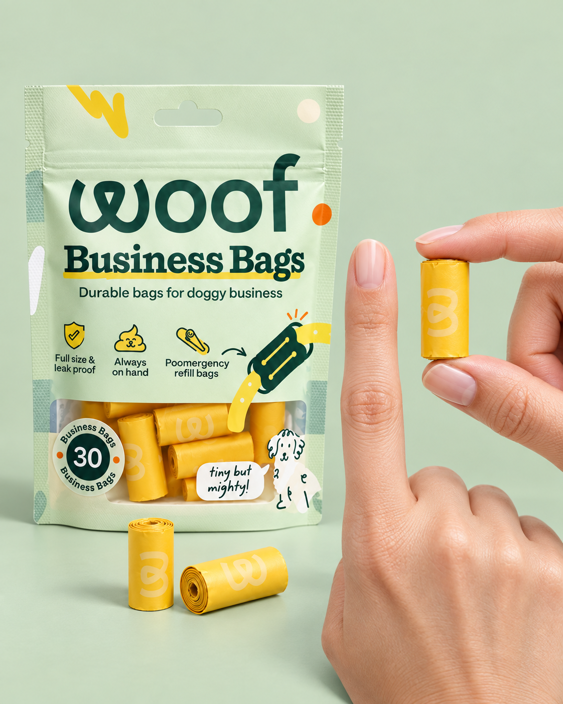 Compact WOOF Poomergency refill bag shown beside a fingertip and 30-count pouch