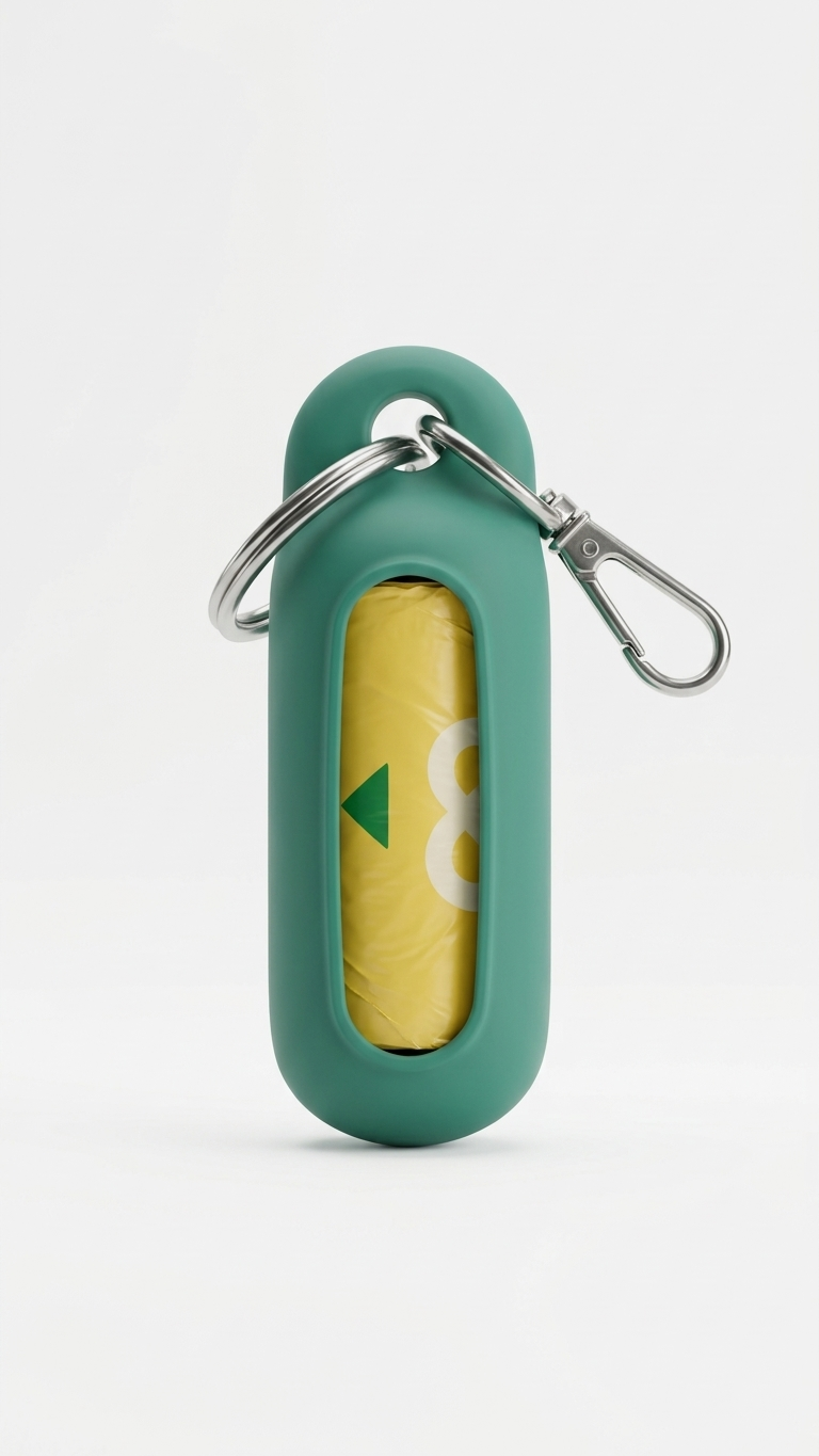 Green WOOF emergency bag keychain holder close-up
