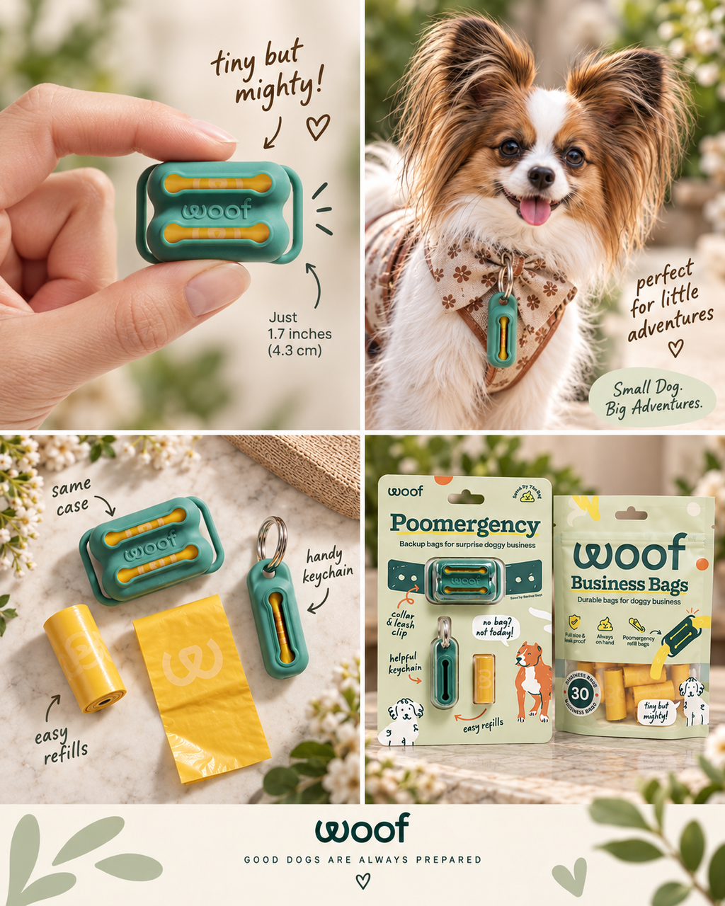WOOF Poomergency holders, refill bags and Papillon lifestyle collage