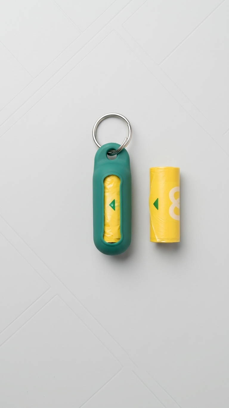 Green WOOF keychain holder beside a yellow refill bag